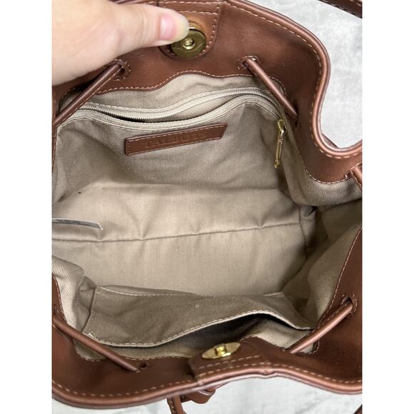 Talbots Leather Bucket Bag Womens Brown Red Equestrian Print Drawstring Shoulder - Picture 9 of 15